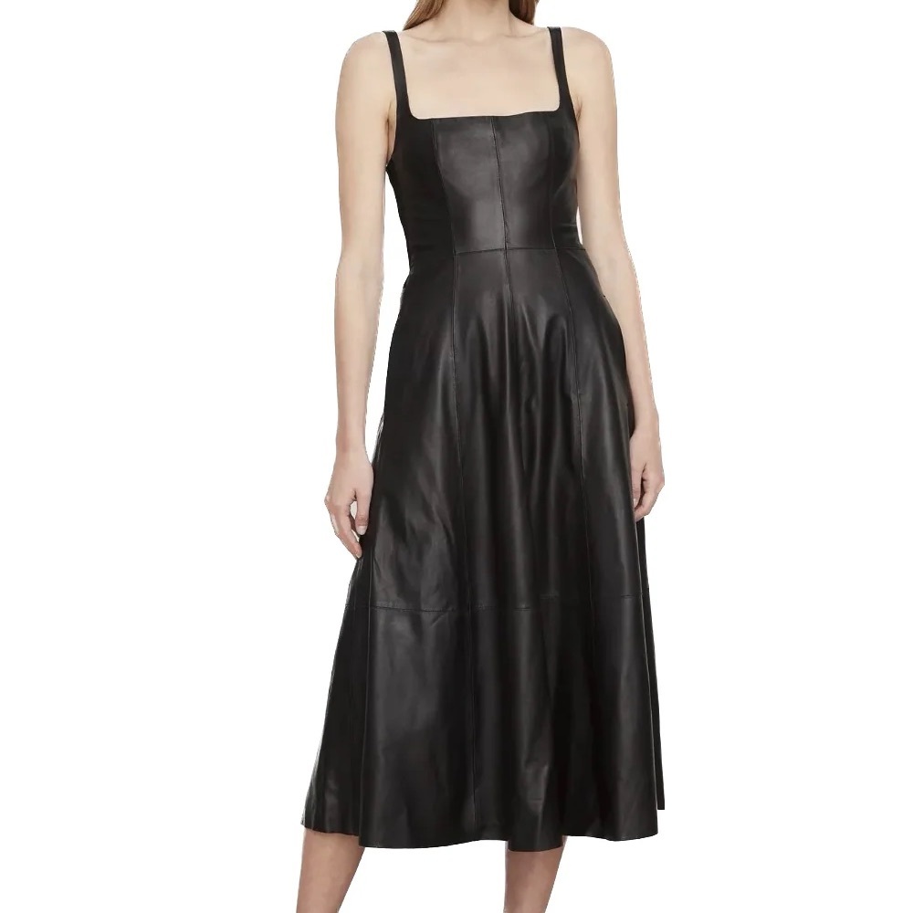 NWT VINCE SQUARE-NECK LEATHER DRESS - BLACK SIZE 2 - Picture 4 of 4